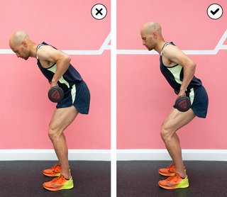 Side-by-side comparison of someone hunching their back during a bent over row, and someone maintaining a straight back