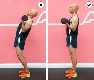 Side-by-side comparison of a person lifting too much weight so leaning back, and someone lifting the correct amount of weight with a straight back