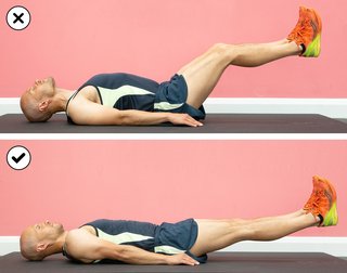 Top-to-bottom comparison of someone arching their back and bending their knees during a leg lift, and someone correctly keeping their back low and legs straight