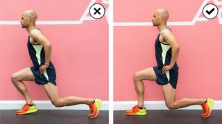 Side-by-side comparison of someone stepping forward too far for a lunge with the knee further forward than the toes and upper body leaning forward, and someone correctly having their knee behind the toes and upper body straight