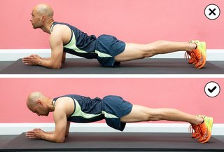 Top-to-bottom comparison of someone planking with their head up and waist dipped, with someone planking correctly with the head down and waist in a straight line