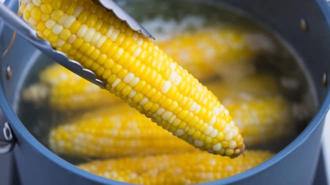 thongs holding a ear of Boiled corn on the cob out of the pot