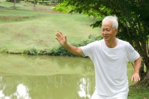 chinese senior performing tai chi on green outdoor