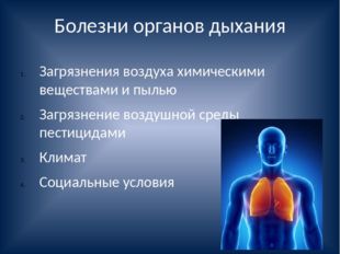 Болезни органов дыхания Загрязнения воздуха химическими веществами и пылью За