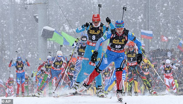 Pictured, biathletes competing in the 2013 World Cup Biathlon in Russia