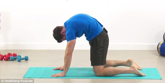 With your hands and knees on the ground, arch your back while inhaling  
