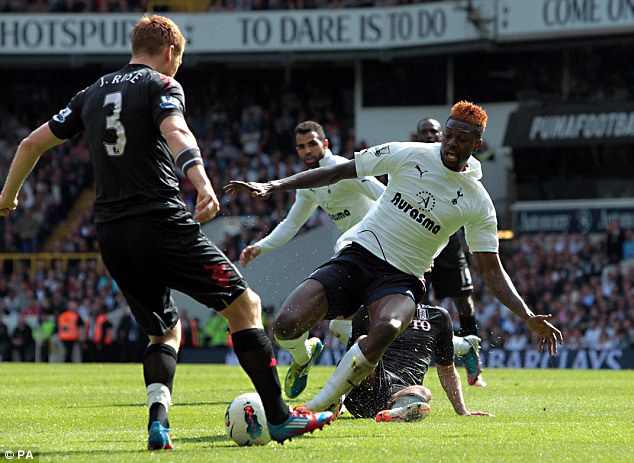 Emmanuel Adebayor on the final day against Fulham in 2012 - Spurs finished fourth but missed out on CL