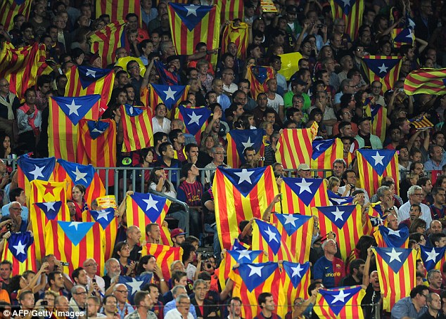 Barcelona supporters chant for independence at every home game at the Nou Camp on 17 minutes