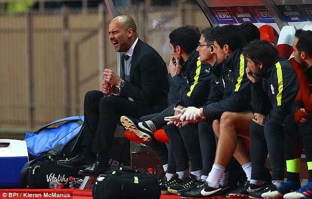 Pep Guardiola shows his frustration while watching Manchester City lose at Monaco