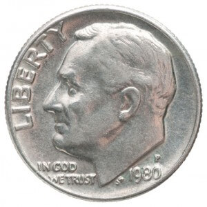 One dime coin with the image of President Franklin D. Roosevelt