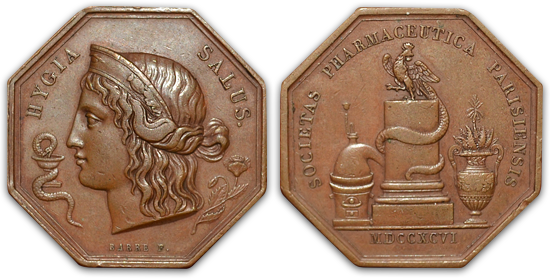 Медаль Парижского фармацевтического общества. Работа медальера Jean Jacques Barre 1830 года