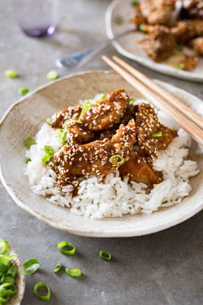 Finished Chinese Honey Sesame Chicken with rice