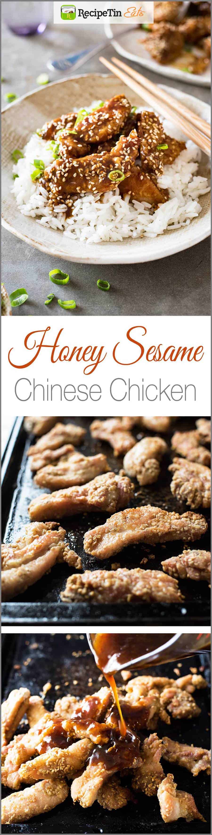 Easy Chinese Honey Sesame Chicken - BAKED, not deep fried, this chicken is coated in a gorgeous sticky irresistible sauce!