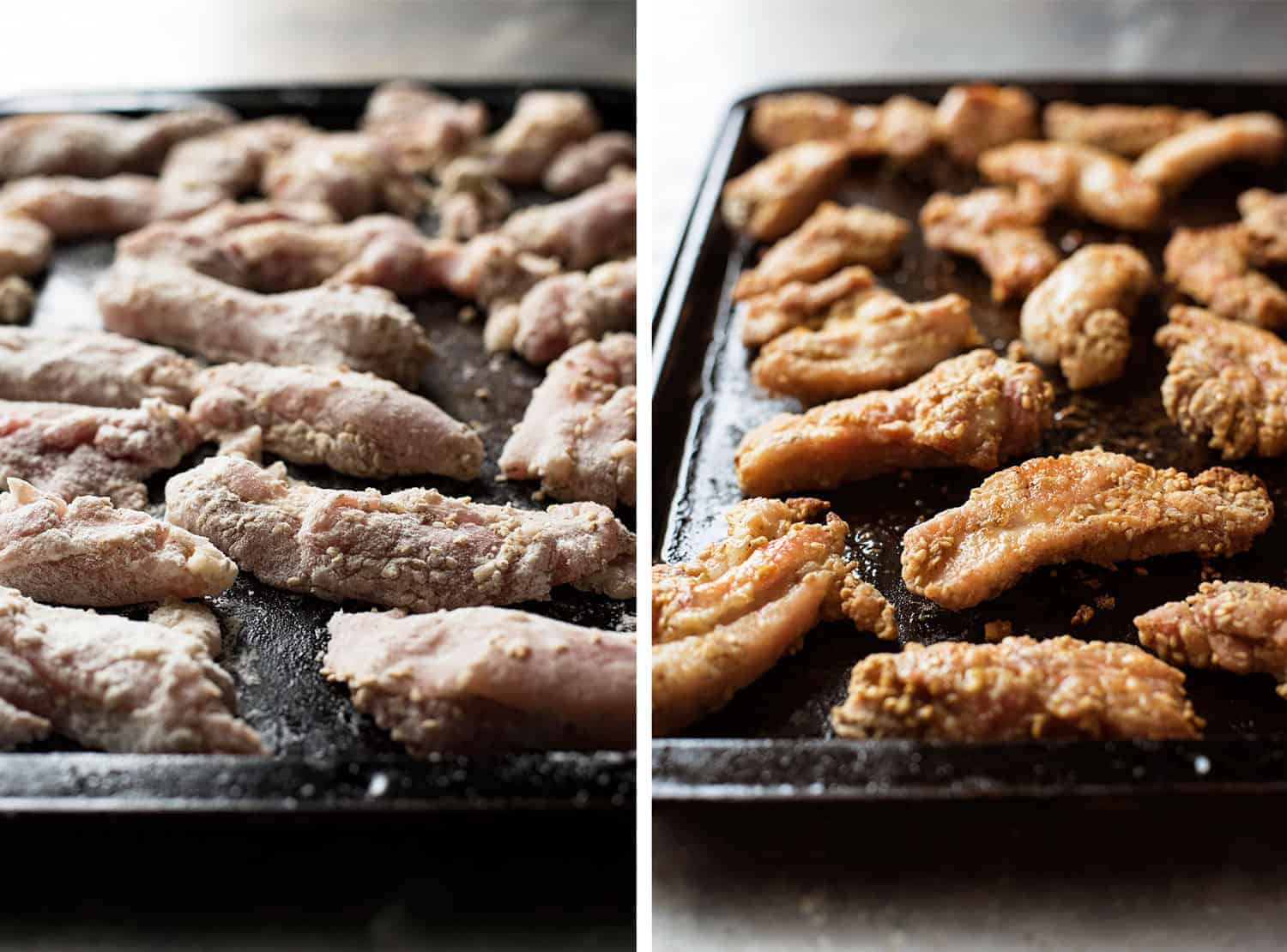 Dusted Chinese Honey Sesame Chicken before and after baking