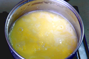 make chicken and corn soup- boil the cream corn