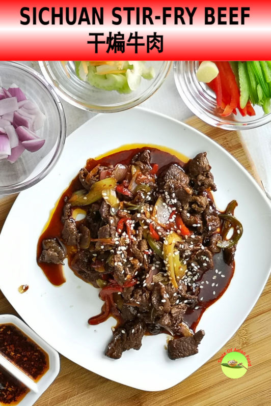Szechuan beef stir-fry recipe (also called dry-fried beef / 干煸牛肉) is prepared with Szechuan sauce comprises of chili oil, doubanjiang and Szechuan peppercorns. Known to have a bold and intense flavor. 