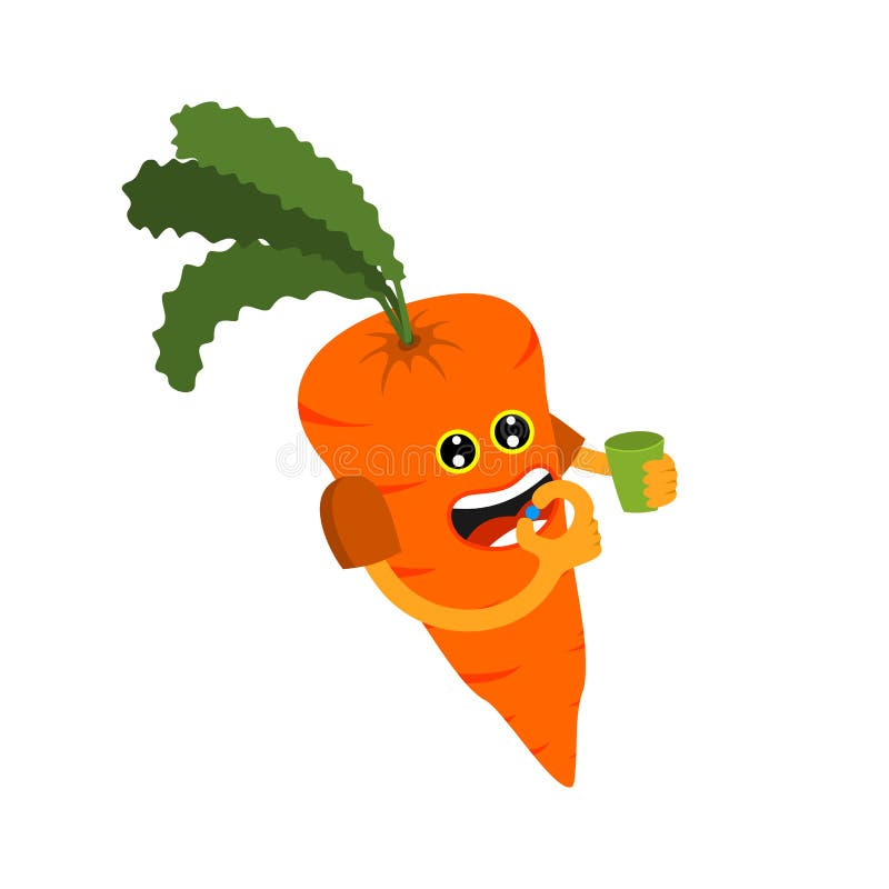 Carrot character consuming vitamin A happily, holding a glass and vitamin capsule on his hand. Carrot character consuming vitamin A happily, holding a glass and royalty free illustration