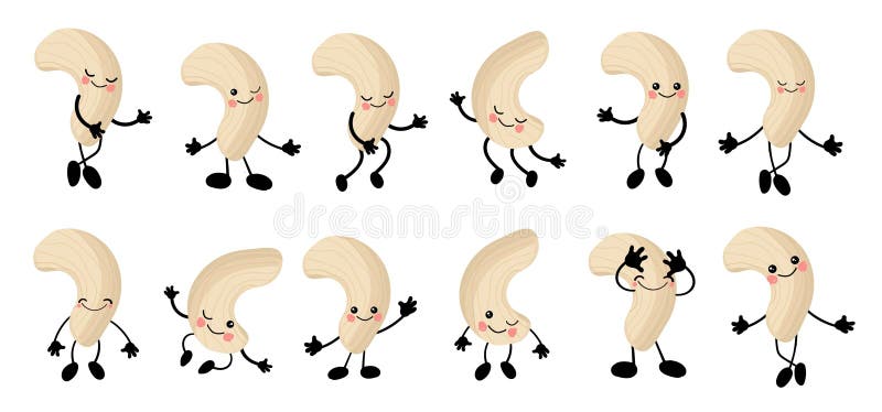Cashew. a large set of Cute Nuts characters with hands and eyes. Cartoon fruit or vegetable. Useful vegan food. Isolated on white. Background stock illustration