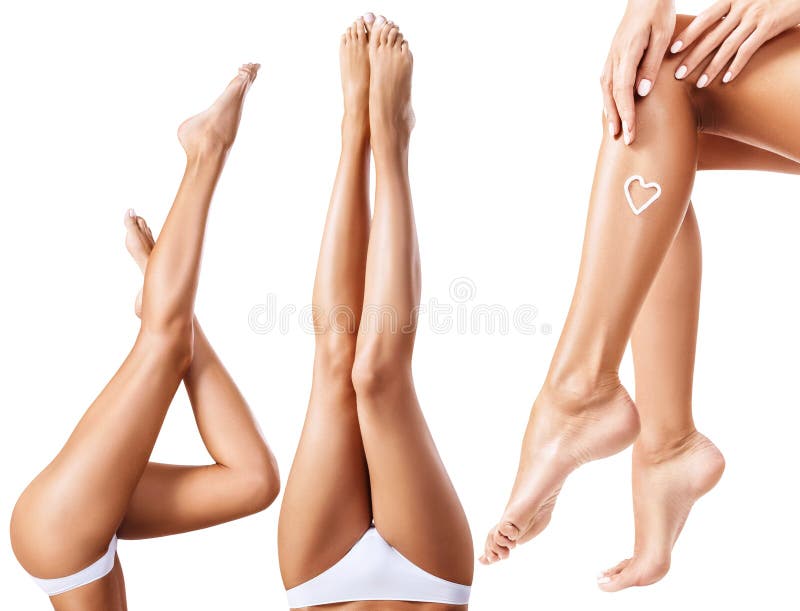 Collage of perfect and healthy female legs. Moistening and pampering concept. Isolated on white royalty free stock photo