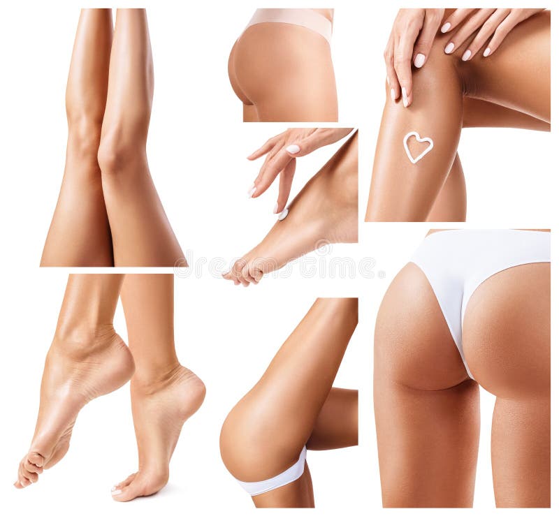 Collage of perfect and healthy female legs. Moistening and pampering concept. Isolated on white royalty free stock photography