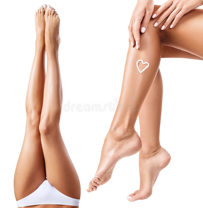 Collage of perfect and healthy female legs. Moistening and pampering concept. Isolated on white stock image