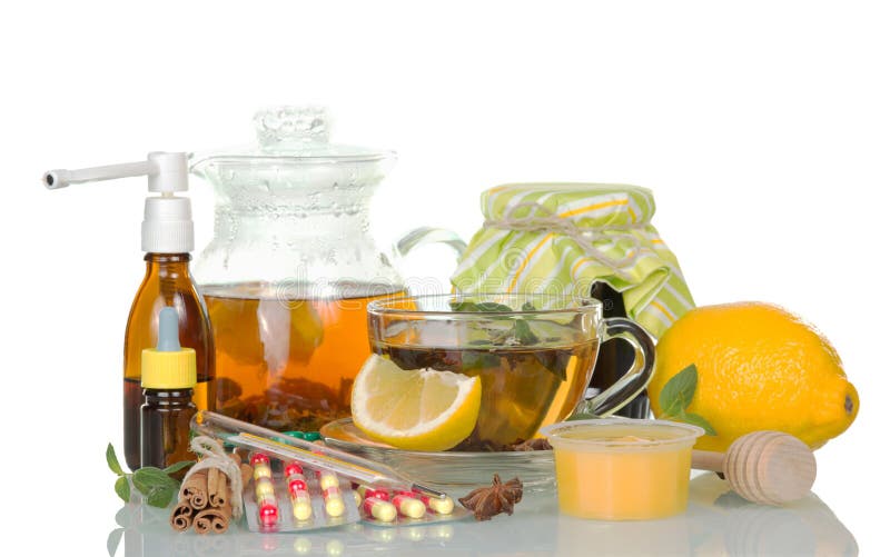 Folk remedies from colds and pharmacy medicines stock photo