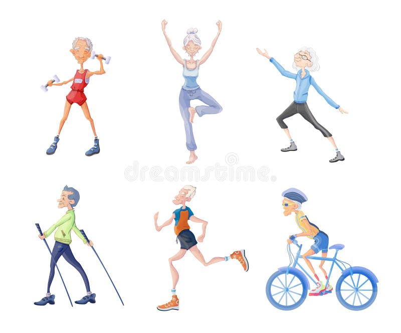 Healthy lifestyle in old age. Elderly people, men and women go in for sports, physical activity in the fresh air. Vector stock illustration