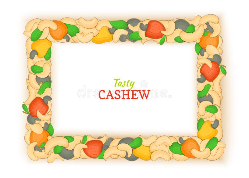 Horizontal rectangle frame composed of delicious cashew nut. Vector card illustration. Nuts frame, walnut fruit in the. Shell, shelled, leaves for packaging stock illustration