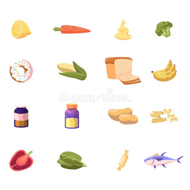 Icons Set Lemon, Carrot and Cheese, Broccoli, Donut and Corn with Bread. Banana, Vitamin Bottle and Potato. Pasta, Bell Pepper and Tuna Fish Isolated on White stock illustration