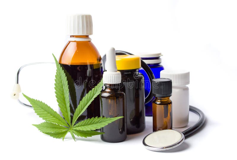 Marijuana and cannabis oil bottles isolated royalty free stock image