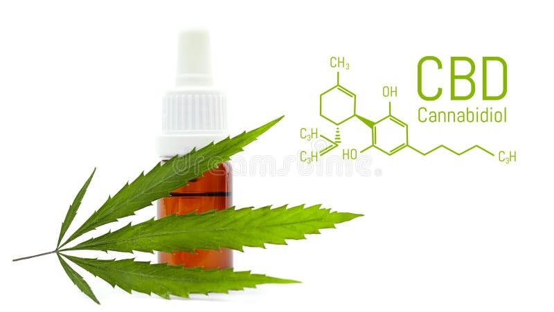 Medical cannabis products isolated over white. CBD oil dropper bottle, green hemp leaf. Medical marijuana concept royalty free stock images
