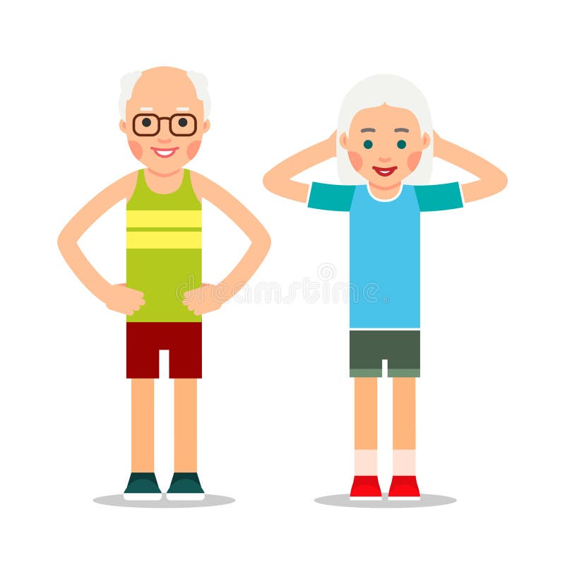 Old people doing exercises. Elderly couple and gymnastics. Senior people making morning exercises. Grandparents and Sport. vector illustration
