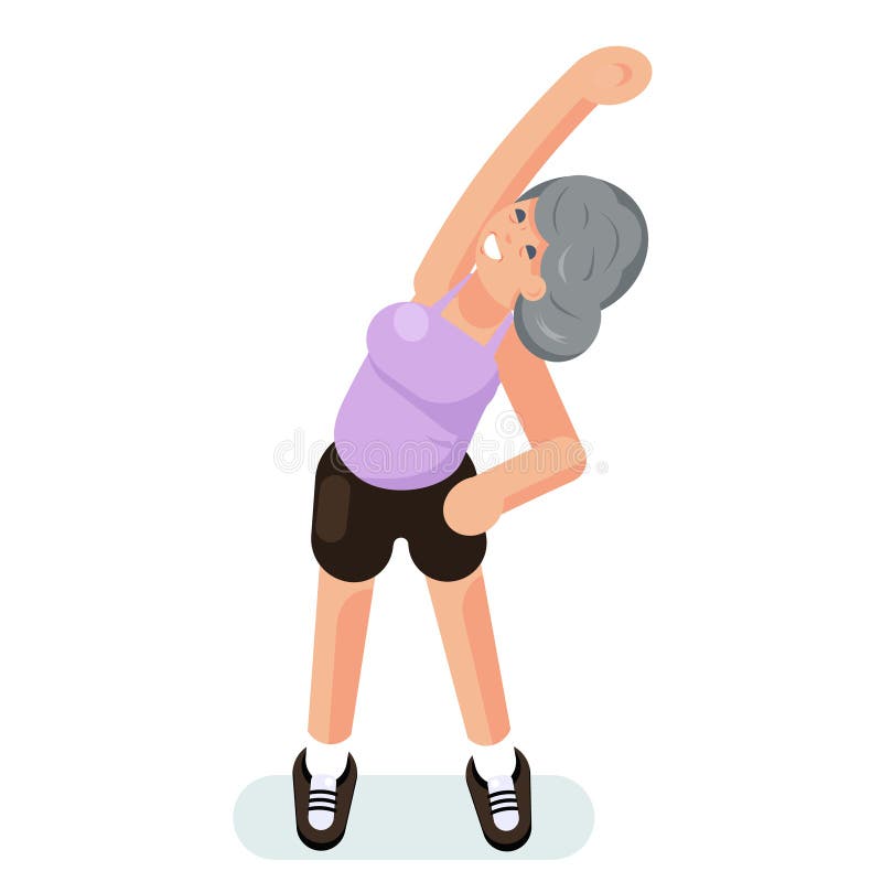 Old woman grandmother gymnastics stretching exercises happy senior cartoon character design vector illustration stock illustration