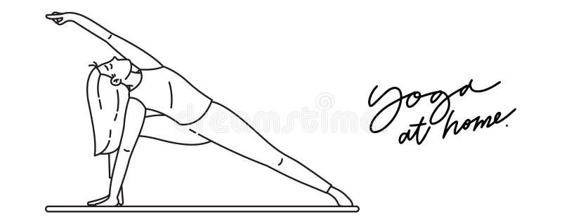 Young woman sitting in yoga posture and meditating. Girl performing aerobics exercise and morning meditation at home. Physical and royalty free illustration