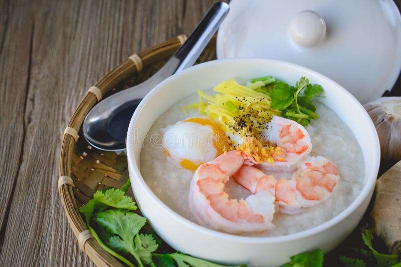 Rice porridge with shrimp and egg,vintage tone, Thai Food, Thai stock images
