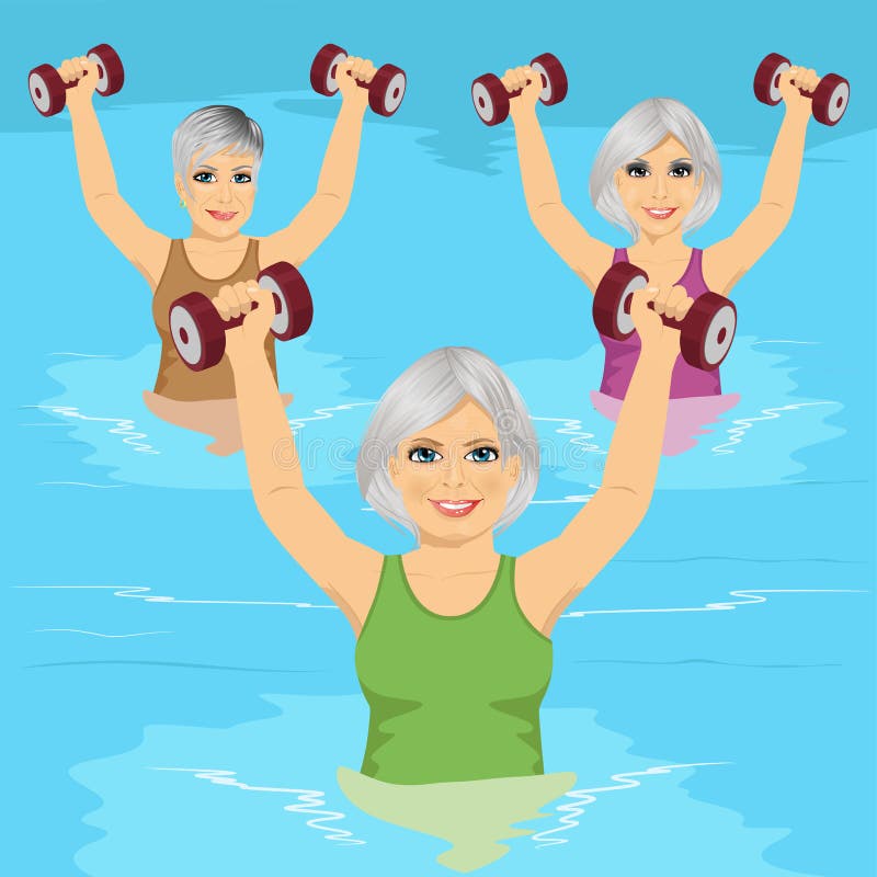Senior women making aqua gym exercises with dumbbells in swimming pool royalty free illustration
