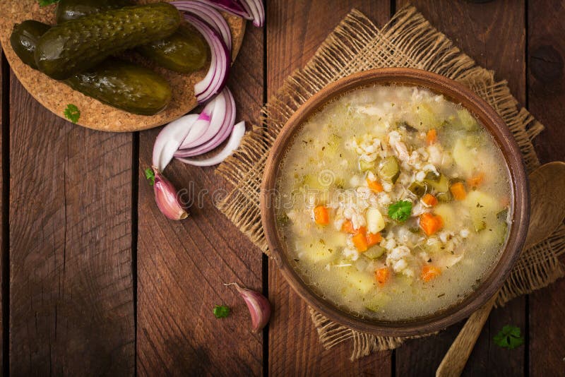Soup with pickled cucumbers and pearl barley - rassolnik royalty free stock image