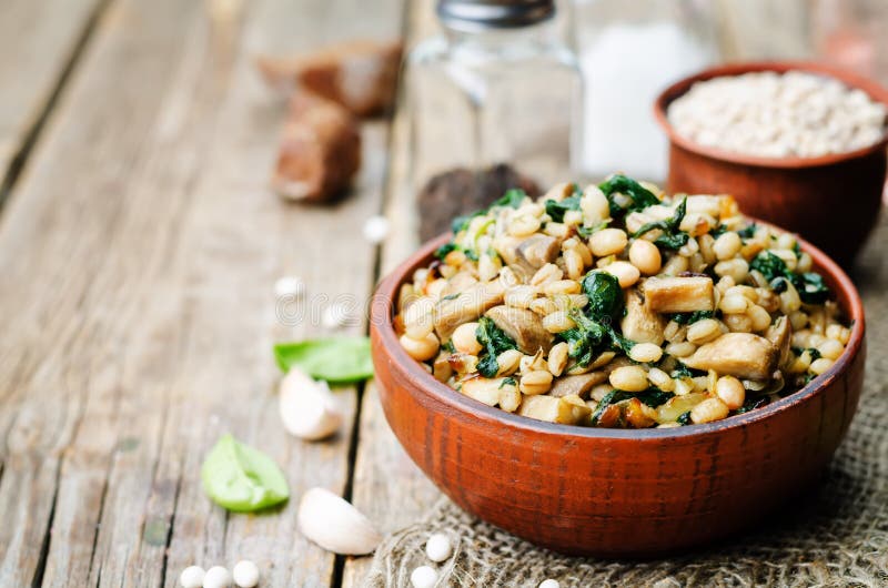 Spinach, white beans barley porridge. On a dark background. toning. selective Focus royalty free stock photography