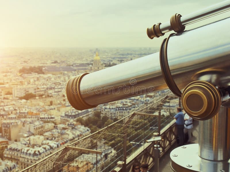 Telescope on top floor of Eiffel Tower stock photo