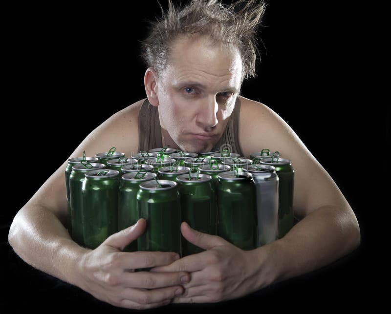 Unhealthy view man after drunk, near empty beer container.  stock photo