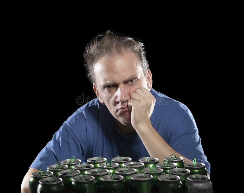 Unhealthy view man after drunk, near empty beer container.  royalty free stock image