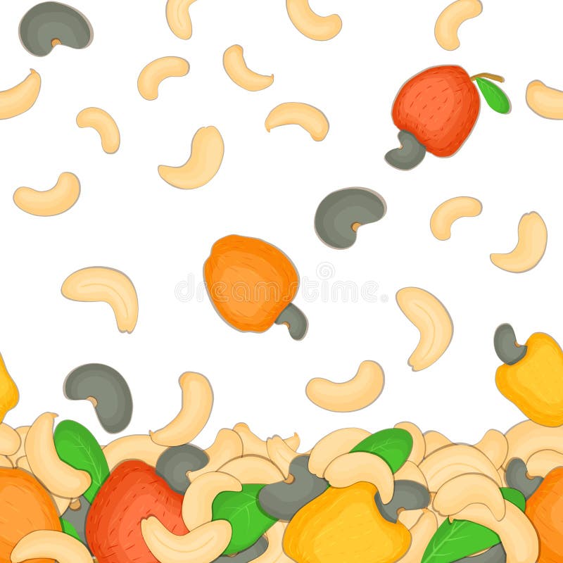 Vector illustration of falling cashew nuts. Background a nut. Pattern fruit in the shell, whole, shelled, leaves. Vector illustration of falling cashew nuts stock illustration