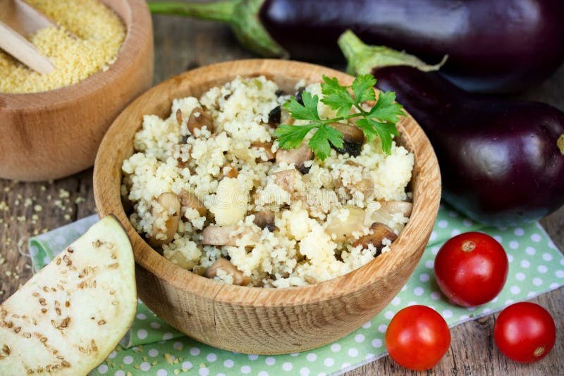 Vegetable couscous , eggplant couscous , crumbly cous cous with stock photo