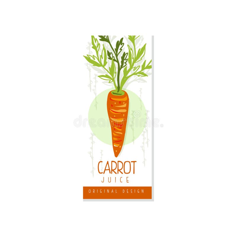 Vertical hand drawn label for natural carrot beverage. Vitamin drink for healthy eating. Vegetarian nutrition. Vector. Vertical hand drawn label for natural stock illustration