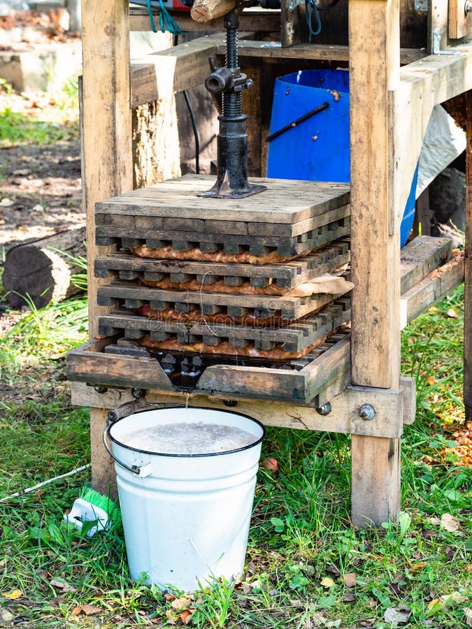 Press and bucket of freshly squeezed apple juice royalty free stock images