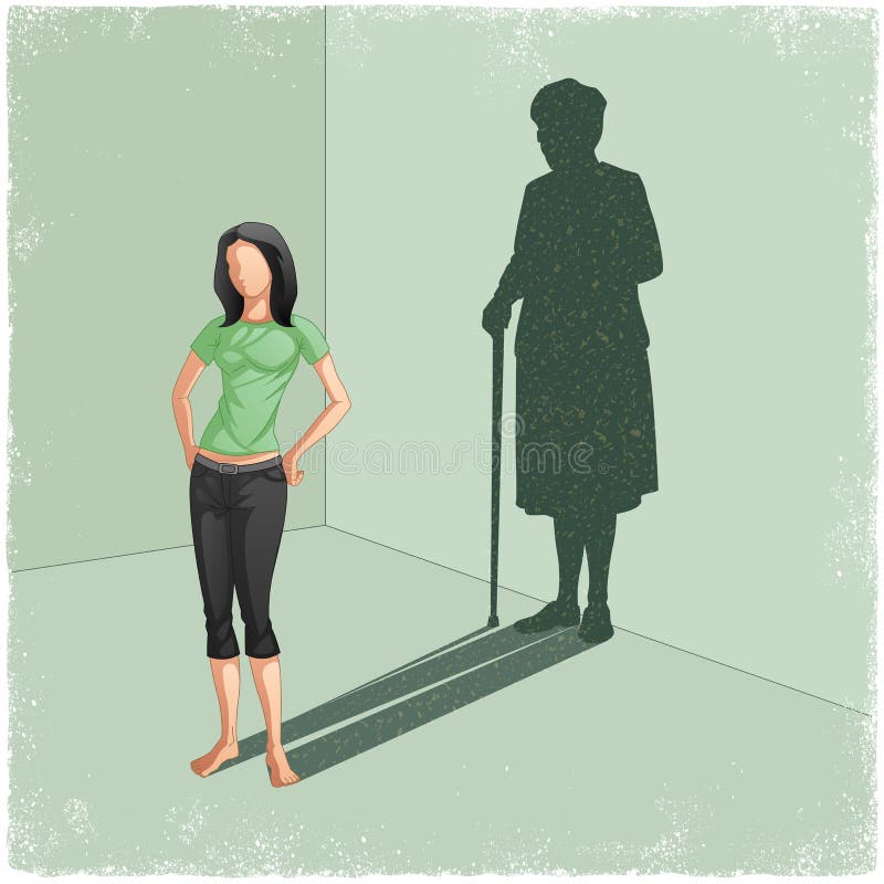 Young lady casting shadow of old woman vector illustration