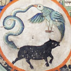 A bird, a snake and a pig shown rushing around in a circle, each holding the tail of the next in its mouth.