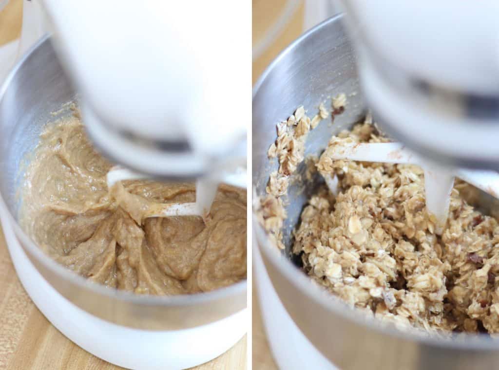 Two photos side-by-side that show the steps to mixing peanut butter and banana energy bar mixture in a stand mixer.