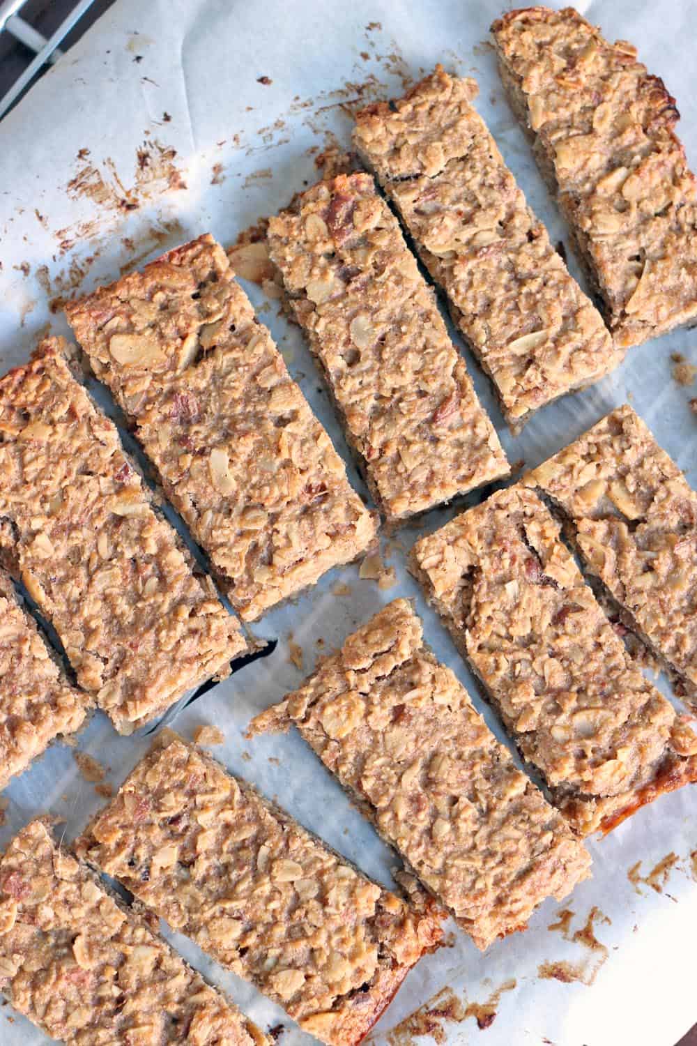 Overhead view of sliced peanut butter and banana energy bars.