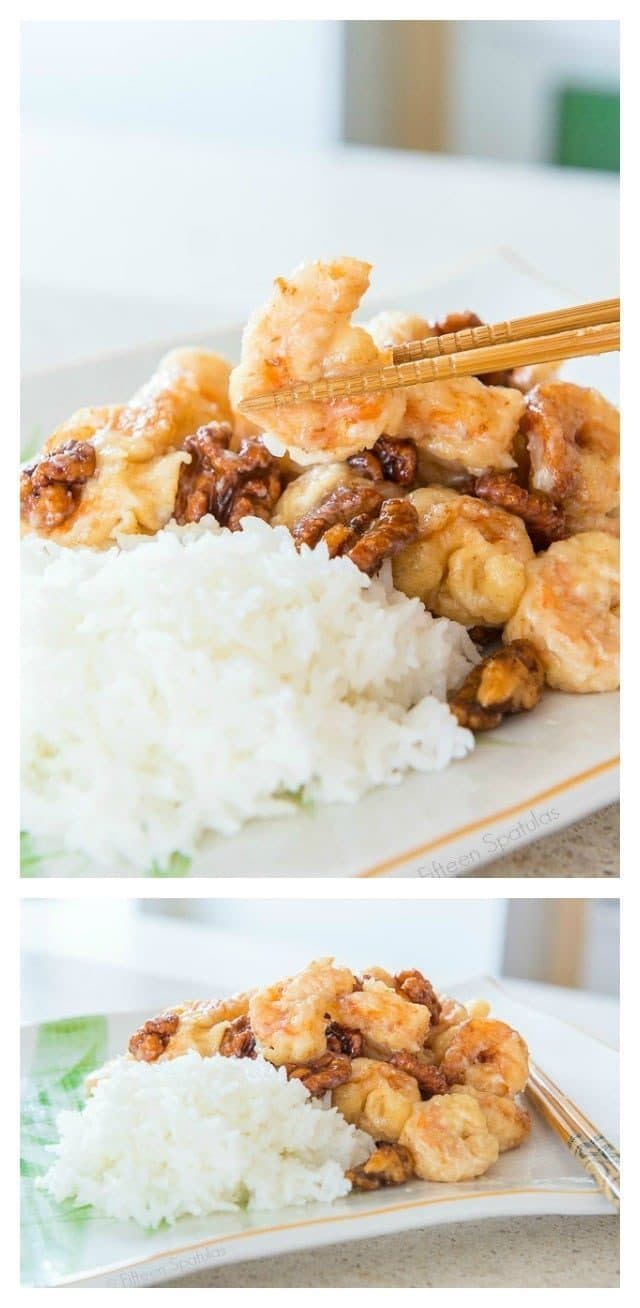 This Honey Walnut Shrimp is easy to make, and so much better than takeout! Shrimp are coated in a puffy egg white cornstarch batter and fried until golden, then tossed in a creamy sweet sauce and caramelized honey walnuts.